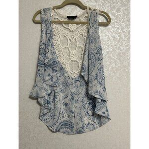 BCBG Maxazria Fashion Vest Cardigan Blue & White‎ Paisley Floral Lace Back S / M